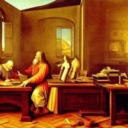 leonardo da vinci works in his study on a laptop at his desk. painting in photoshop. hyperdetailed, warm colors, movie poster, photoillustration, oil on canvas, lens flare