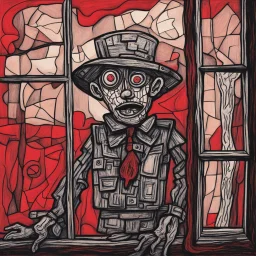 drawing of a scary scarecrow looking in window, dramatic, horror, by Jean Dubuffet, 2D illustration, red hues