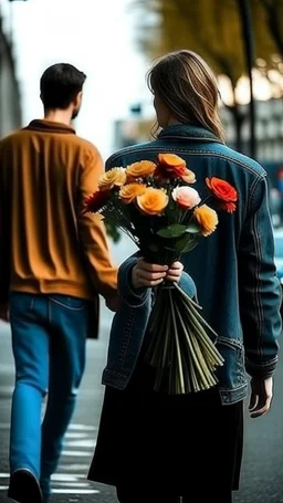 An image of a man holding a bouquet of flowers as he walks towards a woman. --auto --s2