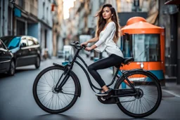 full body shot Young woman, 20 years old, wearing nice tight pant and top driving a bicycle in street,looking to camera