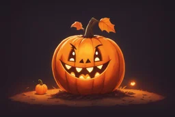 круглая тыква с прорезанной ухмылкой и горящим изнутри оранжевым светом. Маленькое существо в заляпанном землей фартуке, в стиле Stardew Valley