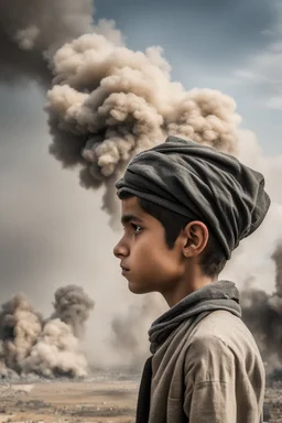 portrait in profile of a young palestinian boy with a kuffeah on his head. Large clouds of smoke rise from the land of gaza . With demolished buildings in the background. Made in the palestinian style