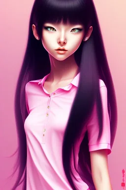 Japanese girl, cute, beautiful, long hair, black hair, bangs, pink shirt