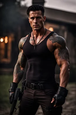 Handsome muscular alpha male, 30 years old, Dark brown eyes, Long chocolate brown hair, bare chest covered in tattoos and scars. wearing black combat trousers and heavy boots, hyperrealistic, 4k, dark fantasy, large house in the background