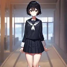 Clear focus, High resolution, short black hair, black eyes, wearing a sailor uniform, rough line, frowning, chopped bangs, fluffy hair, long white socks