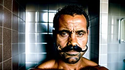 portrait photo of stocky marocan with moustache 40 years old under the shower, manly chest, big tights, in a old bathroom, misery and poverty, photorealism, 35mm lens, ultra detailed