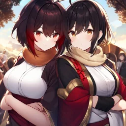 Clear Focus, High resolution, white fluffy short hair with one red streak in hair, ahoge, wearing a red black and golden scarf, short sleeve is white and a slight hint of red, top half of body is a samurai outfit, one side is white and other is black and red, sleeve 2 is black but the at the end its a wavy gold, wearing a black short skirt,