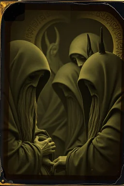 Daguerrotype close up some mysterious figures, odd background, Hieronymus Bosch, ambient light, by Minicavio Quollati and Marlost Endgulp, Botticelli, Alphonse Mucha