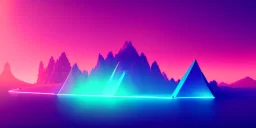 3d rendering. Abstract futuristic neon 3D rendering. Fantastic landscape with glowing geometric triangular frame and mountains