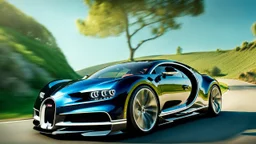 A sleek with livery (((Customized gangsters lowrider bugatti chiron))), its contours and details perfectly captured in a (((cinematic view))), zipping along a winding road under a beautiful blue fresh morning sky