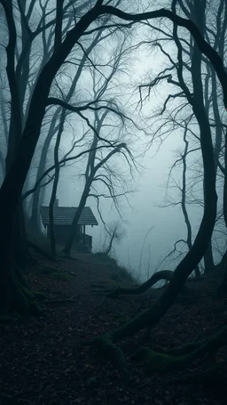 A cottage by the foggy lake black vein, human veins, mixing together a lot of them, like a forest, big and small veins a lot of them