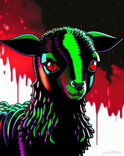 Comic book art style black lamb with red eyes, contrasting green meadow, cartoonist, digital portrait, dark fantasy, black iridescent skin, holographic, shiny, PVC texture, wet look, anime, gothic