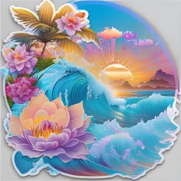 seamless sticker, artwork of surf t shirt graphic of majestic lotus flower and palm tree in digital painting style, beautiful flowers, sunrise mountains and clouds , big sea waves, water splashes, white background, colorful fantasy flower sorround, highly detailed clean, vector image, photorealistic masterpiece,