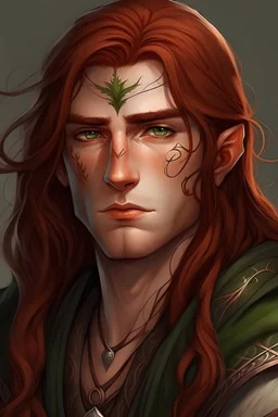 Young elf man ,long auburn hair, not good looking, green eyes, double chin , rune tattos
