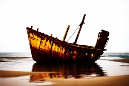 small fishing boat shipwreck on shore, wet ink paint, splash art, tint leak, absurd geometry, (weird:1.95), surreal, (crazy:2), (deconstruct:1.89), great verticals, great perpendiculars, bold warm rusty brown and drab and beige colors