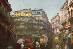 Hanoi train+train corner building +A greengrocer in colorful genoa street+Italian medieval town +Italian city sea+alphonse mucha, greg rutkowski,matte painting, cryengine, hyper detailed, felix kelly, fantasy art, seb mckinnon