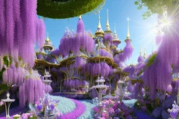 a magical crystal flower lys bougainvillier, arbor of pink wisteria, blue gold house crystal castle in wood of a lot of pink wisteria,blue lake,sun,white swanns,pink vertical, blue lake,sharp, vines, candlelit, endor, ornate, elegant, highly detailed, artstation, concept art, smooth, sharp focus, illustration, 8k, splash art, wallpaper, key visual