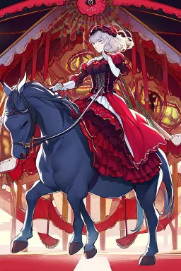 Ragazza vestita in stile Lolita rosso che cavalca un cavallo del Carosello, disegnata in stile Persona 5