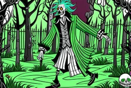 Halloween Beetlejuice style in color in the graveyard dancing