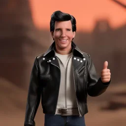 Wide view Young Fonz with black hair greaser figure doll 1977 (thumbs-up) (face) Forehead grin, fonzarelli, ((arnold's drive-in)) fonzie with henry winkler's face henry winkler