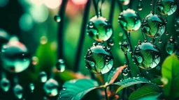 Sparkling, chromatic droplets transforming a lush, verdant landscape into a mesmerizing, otherworldly vision., style photography, analog style, vintage colors, xprocess