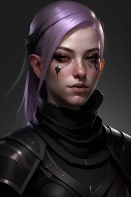 a female cleric dressed in black with scars on her face and lavender hair