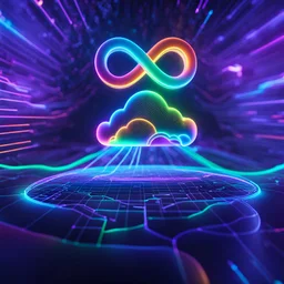 Colourful 3D glowing infinity symbol ∞, hovering above a colourful glowing cloud, network and lights coming from the cloud onto a futuristic map of the globe, inspiring, neon, glowing, friendly, beautiful, octane render, 8k post-production, artstation: award-winning: atmospheric: commanding: fantastical: clarity: 16k: ultra quality: striking: brilliance: liquid medium: stunning colors: amazing depth; lens: f/8, 28mm