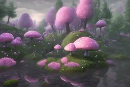 Paysage forêt grands arbres maison avec champignons roses et une rivière bordée de grandes fleurs roses lumiere volumetrique unity engine