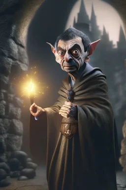 photorealistic, mr bean as robed goblin shaman wielding morning star in dark stone castle, 4 k, trending art, depth of field, volumetric light