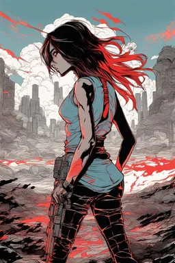 Dark outline line art anime style double exposure of a silhouette of a cyberpunk-inspired woman standing in front of a landscape shot of an active war zone with distant explosions, light black and red long hair, light blue eyes, short red and white tank top, hands on hips, (looking intently at viewer), (viewer from low ground level view with focus on eyes), (double exposure), (inspired by Cyberpunk mixed with Code Geass mixed with Fate: Grand Order), (giant red moon in background), (vibrant colo