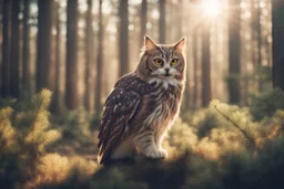 antropomorph cat owl in a pine forest in sunshine, ethereal, cinematic postprocessing