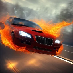 car with flames speeding on highway