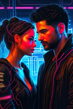 a handsome cyberpunk man connected by wires with a beautiful cyberpunk woman