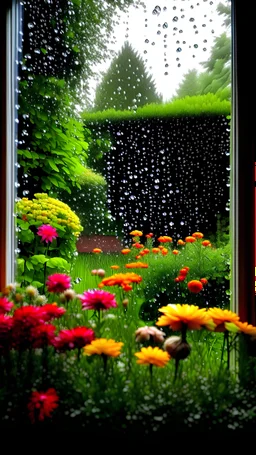 lluvia a travez de una ventana, vista a un jardin amplio, con muchas flores, con algunas gotas en el vidrio