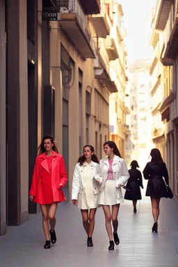 mujeres caminando por una céntrica calle de una ciudad española, visten ropa de segunda mano, cazadoras y minifaldas, es la moda y es tendencia, fotografía real, de cara a la cámara