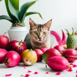 A cat surrounded by dragon fruits on a light background for removal