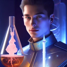 Closeup of a young wizard in a glass laboratory, levitated lab equipment, 4k, Highly Detailed, Masterpiece, Pretty but evil Face, perfect eyes, Digital Illustration, Cinematic Lighting, Realistic, Sharp Focus, Centered, Beautifully Lit, Bioluminescent by Stanley Artgerm Lau