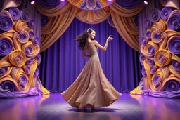 modern stage with gray-dark yellow blueish violet theme artistic decoration , color full dynamic lighting, a beautiful lady in maxi dress with shining silver jewels ,curvy long hair,dancing, 3D recursive fractal structure animating background