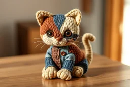 create a handcrafted patchwork cat toy sitting calmly on a wooden surface. The cat is made from textured fabrics like soft tan crochet, worn blue denim, brown corduroy, and stitched wool. Visible seams connect the fabric pieces, with small buttons as decorative accents on the ears and paws. The cat has large, expressive amber eyes and delicate stitched whiskers. Its tail curls gently around its front paws. Cozy natural lighting, warm color palette, soft background with painterly blur, same textu