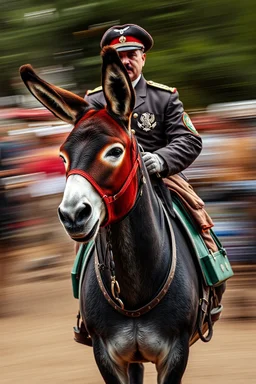 mexican general Hitler on old donkey, airbrush and pen outline, motion blurred background