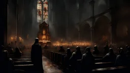 screaming crowd in a gloomy Russian church, disorder, candles along the walls, post-apocalypse, thick black pencil, Raymond Swanland & Alyssa Monks & Anna Razumovskaya