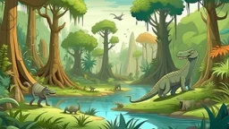 Cartoon illustration for children: Cenozoic jurassic swamp, millions of years ago, with towering prehistoric trees and strange lloking gigantic plants