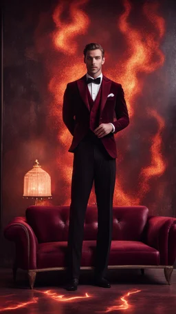 Hyper Realistic Handsome-Muscular-Man-with-little-smile Wearing Maroon-&-Black-Velvet-Tuxedo in flame-patterned-vintage-wall with glowing-embers on the floor in a dark-room with fancy-couch-&-fancy-lamps-on-wall