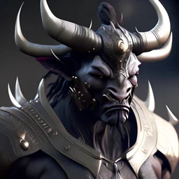 photorealistic render, 4k, male alien very like a bull able to walk upright; distinct taurus horns on his head , armor of samurai; the few visible face features resemble Sterling Hayden