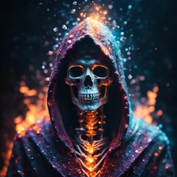 hooded marble skeleton covered with glowing crystals, fire particles in air, bright colors, glowing sparkle particles, dark tone, sharp focus, high contrast, 8k, incredible depth, depth of field, dramatic lighting, beautifully intricate details, clean environment, epic dynamic scene