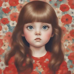 1970s, Little girl in red, long hair, in the style of Margaret Keane, huge eyes, flowered wallpaper