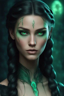 Young beautiful female Hexblood. Skin is lightly tanned. Hair is long, silky jet black with elegant half braids and straight flowing hair. Eyes glow pale emerald green. Delicate face, full lips, high cheekbones. Dark magical vine markings on neck and collarbone. Mysterious and enchanting. Realistic, cinematic, highly detailed dark fantasy.