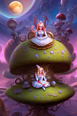 Alice in Wonderland, in a space suit, sitting on a huge mushroom, with tentacles hanging down, in an alien landscape