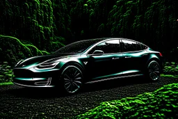 A Tesla's 'Model S Plaid' is parked, amid the 'Jurassic Park' jungle. CINEMATIC. WIDE ANGLE LENS. PHOTO REAL.