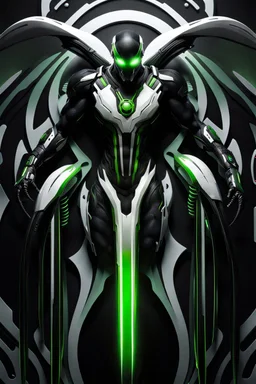 Cyborg symbiote, white color, green color, tendrils, high tech, cyberpunk, biopunk, membrane wings, carbon fiber, cyber tentacles, and the other two.